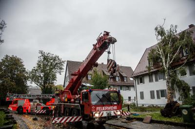 Stuttgart-Luginsland: Baum stuerzt nach Sturm auf Wohnhaus - Feuerwehr muss mit Kran anruecken